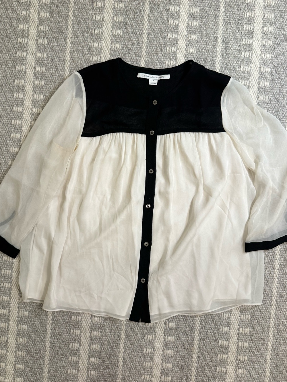 Diane von Furstenberg Silk Sheer Contrast Button Front Blouse - Black & Cream